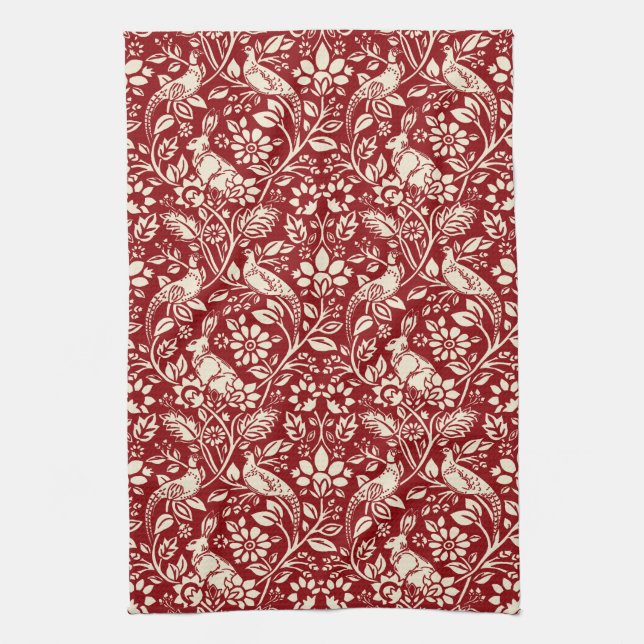 Pheasant and Hare Pattern, Deep Red and Cream  Kitchen Towel (Vertical)