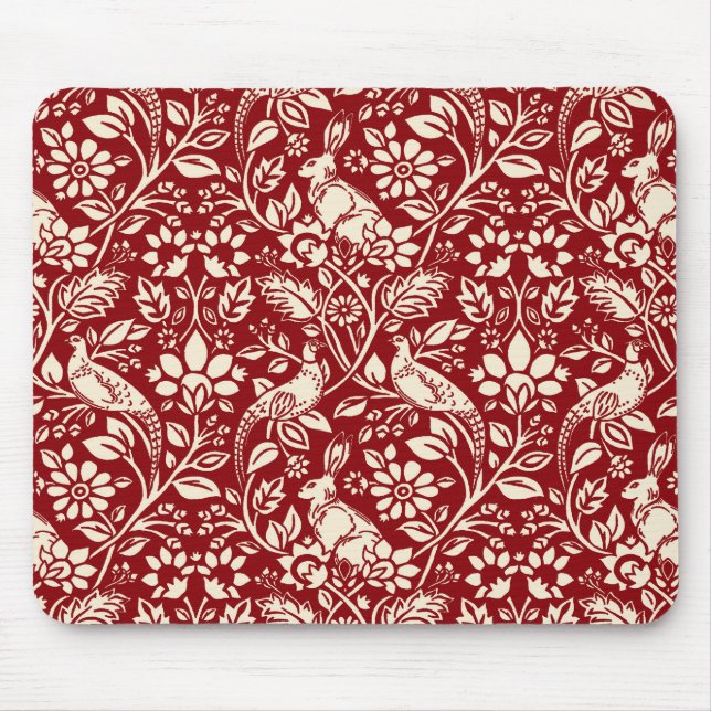 Pheasant and Hare Pattern, Deep Red and Cream Mouse Pad (Front)