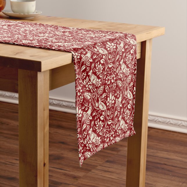 Pheasant and Hare Pattern, Deep Red and Cream  Short Table Runner (In Situ)