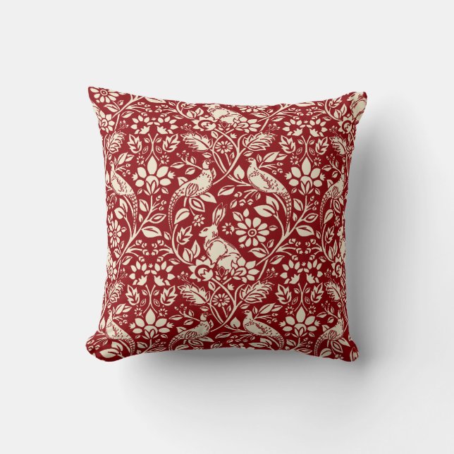 Pheasant and Hare Pattern, Deep Red and Cream Throw Pillow (Front)