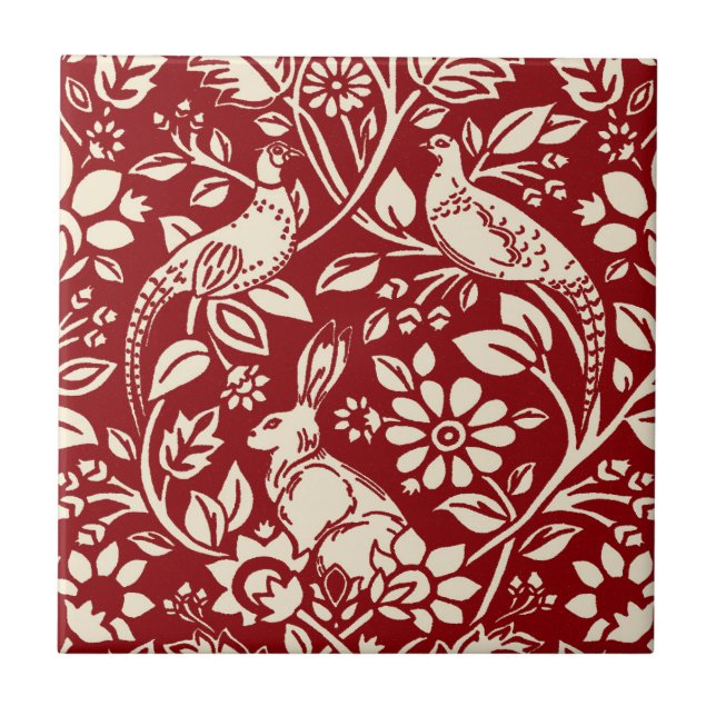 Pheasant and Hare Pattern, Deep Red and Cream Tile (Front)