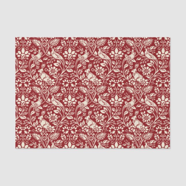 Pheasant and Hare Pattern, Deep Red and Cream   Tissue Paper (Front)