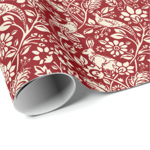 Pheasant and Hare Pattern, Deep Red and Cream   Wrapping Paper