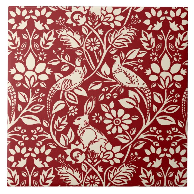 Pheasant and Hare Pattern, Deep Red & Cream Tile (Front)