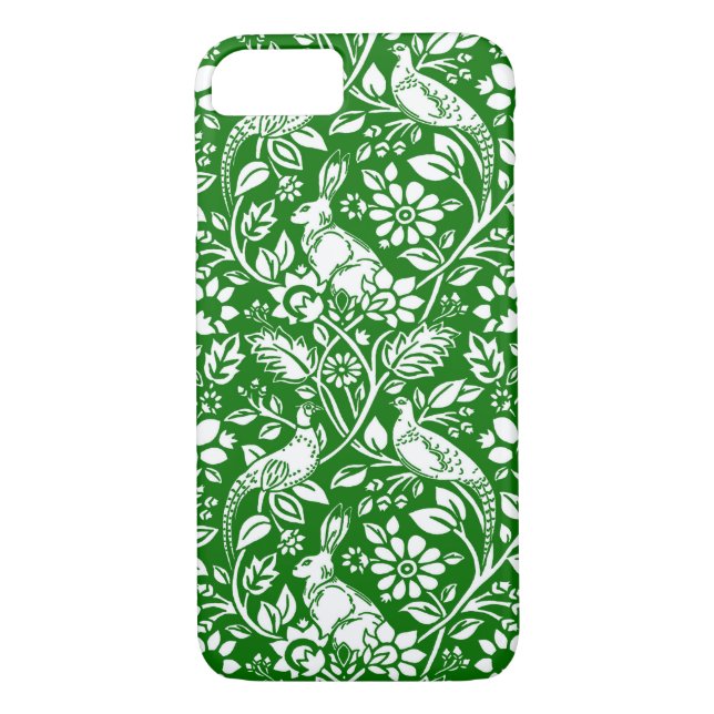 Pheasant and Hare Pattern, Emerald Green and White Case-Mate iPhone Case (Back)
