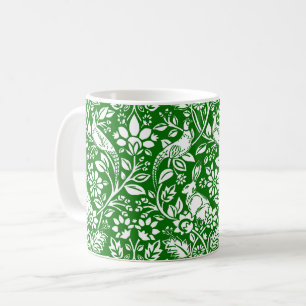 Pheasant and Hare Pattern, Emerald Green and White Coffee Mug