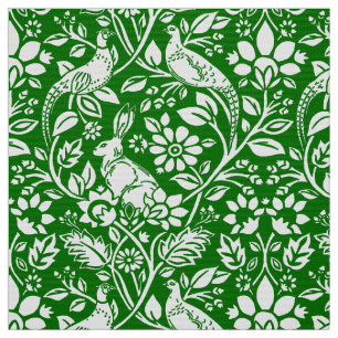 Pheasant and Hare Pattern, Emerald Green and White Fabric