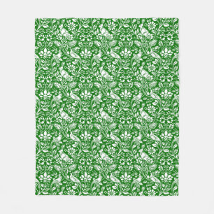 Pheasant and Hare Pattern, Emerald Green and White Fleece Blanket