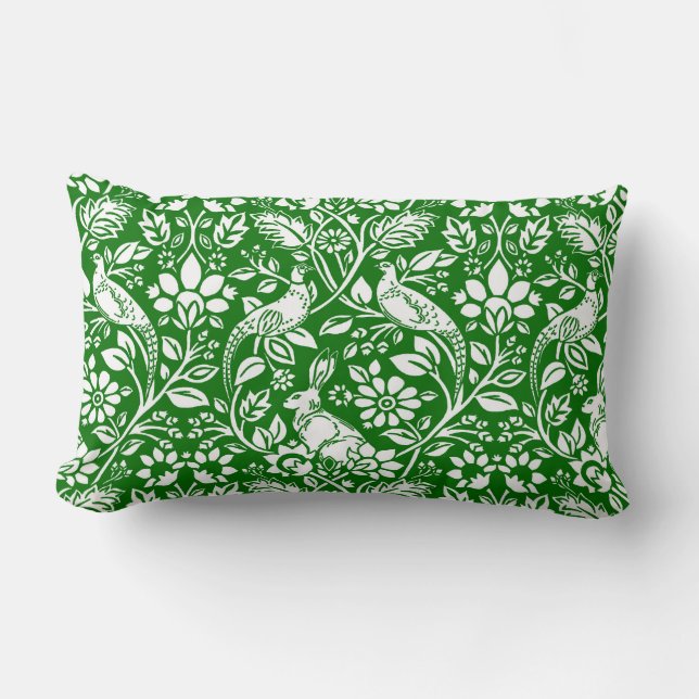 Pheasant and Hare Pattern, Emerald Green and White Lumbar Pillow (Front)