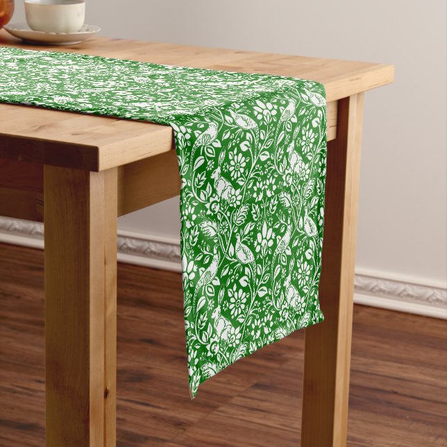 Pheasant and Hare Pattern, Emerald Green and White Short Table Runner (In Situ)