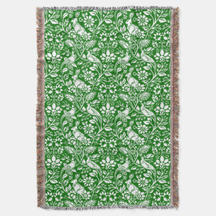 Pheasant and Hare Pattern, Emerald Green and White Throw Blanket