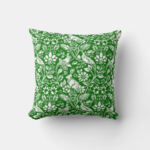 Pheasant and Hare Pattern, Emerald Green and White Throw Pillow