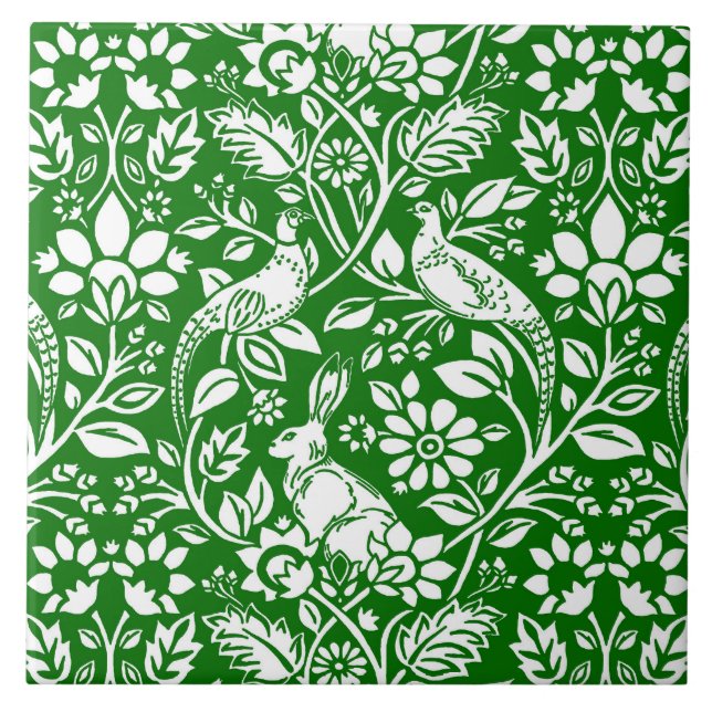 Pheasant and Hare Pattern, Emerald Green and White Tile (Front)