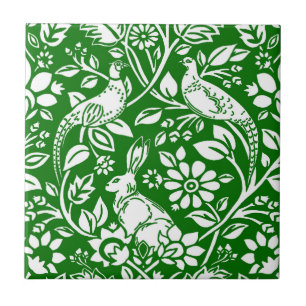Pheasant and Hare Pattern, Emerald Green & White Tile