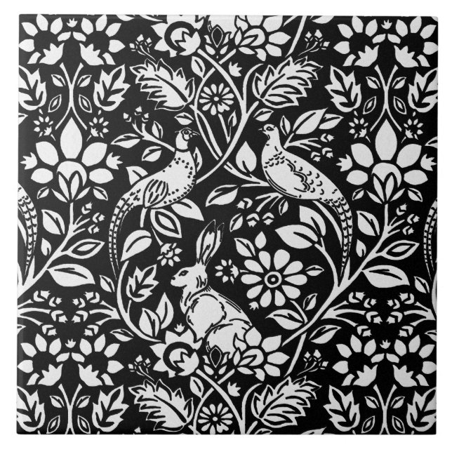 Pheasant and Hare Pattern in Black and White Tile (Front)