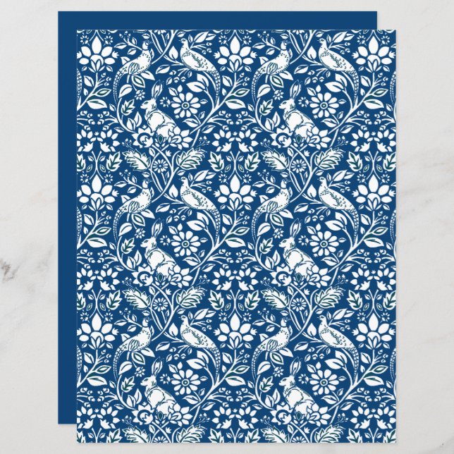 Pheasant and Hare Pattern, Indigo Blue and White (Front/Back)