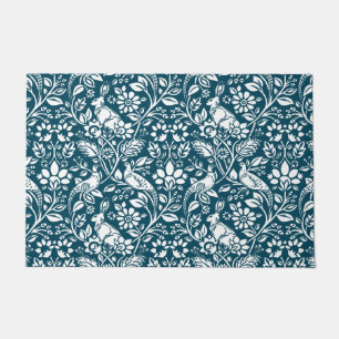 Pheasant and Hare Pattern, Indigo Blue and White D Doormat