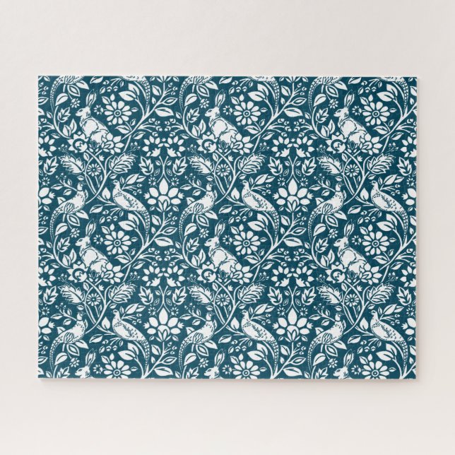Pheasant and Hare Pattern, Indigo Blue and White Jigsaw Puzzle (Horizontal)