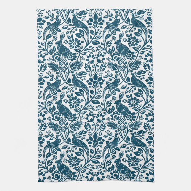 Pheasant and Hare Pattern, Indigo Blue and White Kitchen Towel (Vertical)
