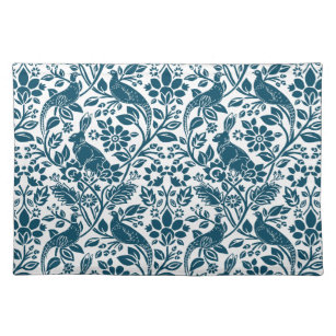 Pheasant and Hare Pattern, Indigo Blue and White Placemat