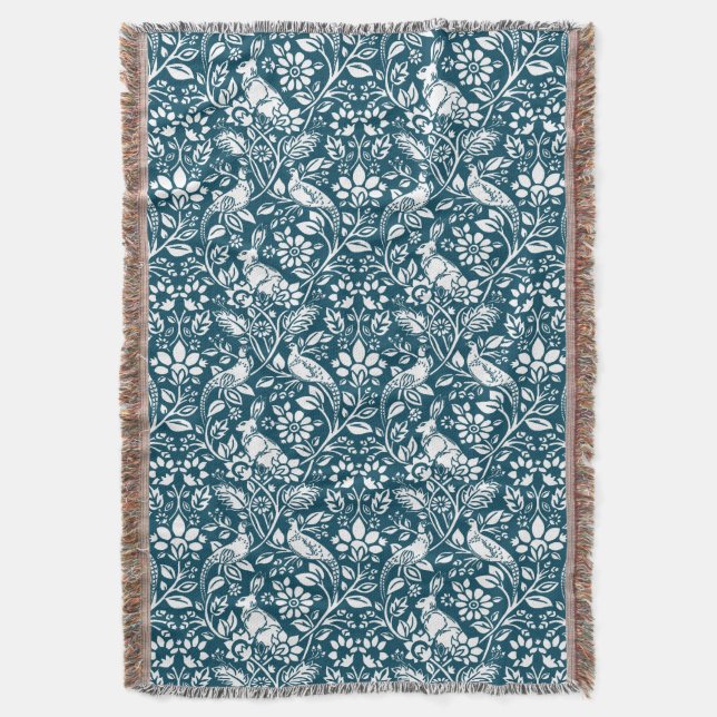 Pheasant and Hare Pattern, Indigo Blue and White T Throw Blanket (Front Vertical)