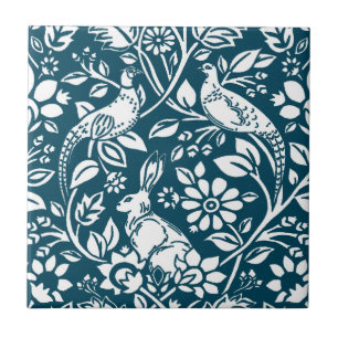 Pheasant and Hare Pattern, Indigo Blue and White Tile