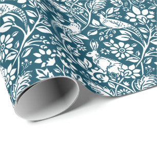 Pheasant and Hare Pattern, Indigo Blue and White Wrapping Paper