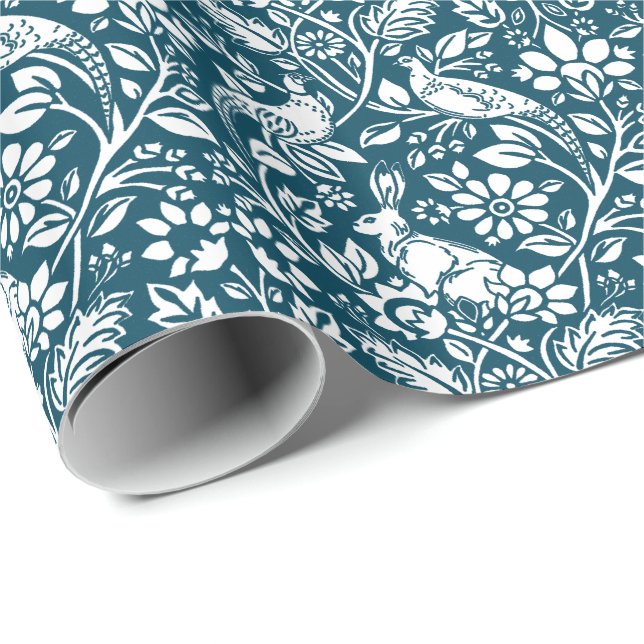 Pheasant and Hare Pattern, Indigo Blue and White Wrapping Paper (Roll Corner)