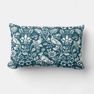 Pheasant and Hare Pattern, Indigo Blue & White Lumbar Pillow