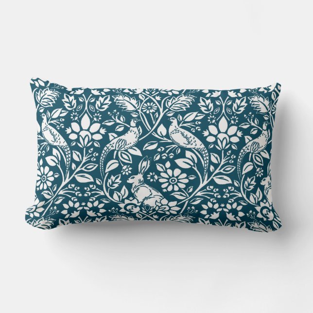 Pheasant and Hare Pattern, Indigo Blue & White Lumbar Pillow (Front)