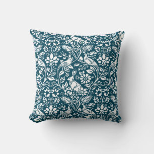 Pheasant and Hare Pattern, Indigo Blue & White Throw Pillow