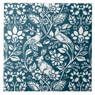 Pheasant and Hare Pattern, Indigo Blue & White Tile