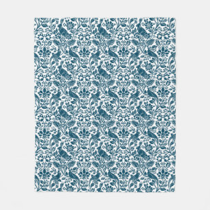 Pheasant and Hare Pattern, While and Dark Blue Fleece Blanket