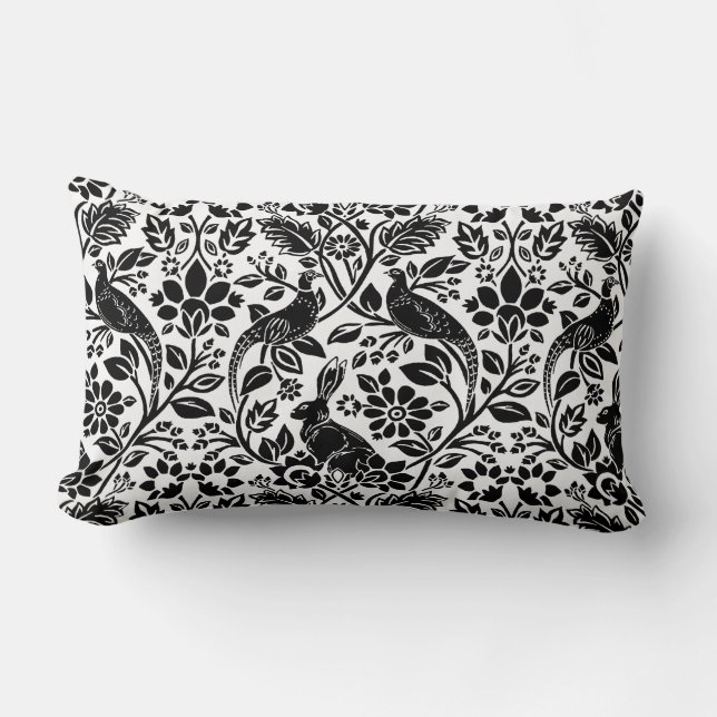 Pheasant and Hare Pattern, White and Black Lumbar Pillow (Front)