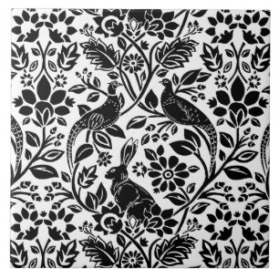 Pheasant and Hare Pattern, White and Black Tile