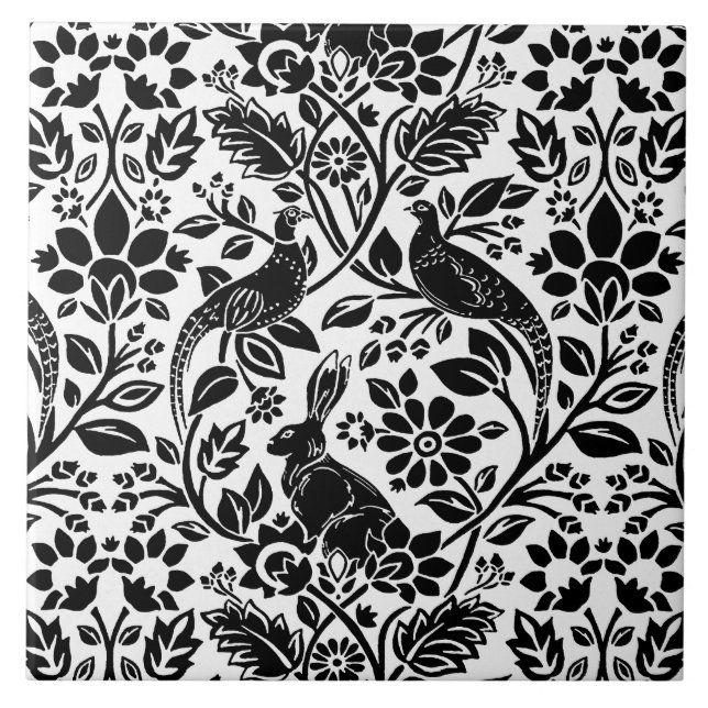 Pheasant and Hare Pattern, White and Black Tile (Front)