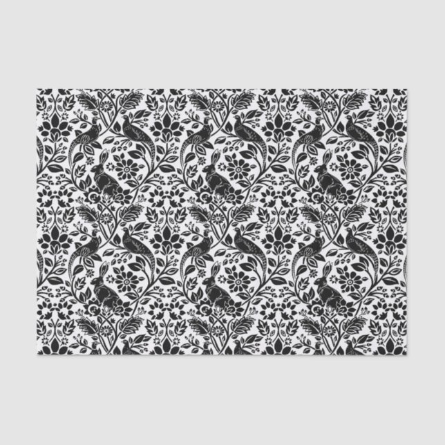 Pheasant and Hare Pattern, White and Black   Tissue Paper (Front)