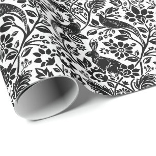 Pheasant and Hare Pattern, White and Black   Wrapping Paper