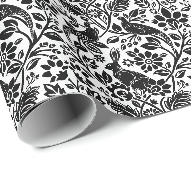 Pheasant and Hare Pattern, White and Black   Wrapping Paper (Roll Corner)