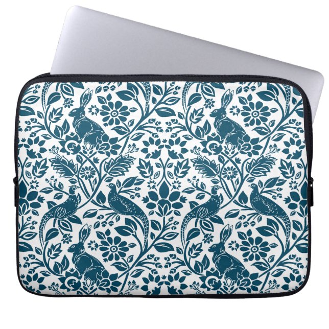 Pheasant and Hare Pattern, White and Dark Blue  Laptop Sleeve (Front)