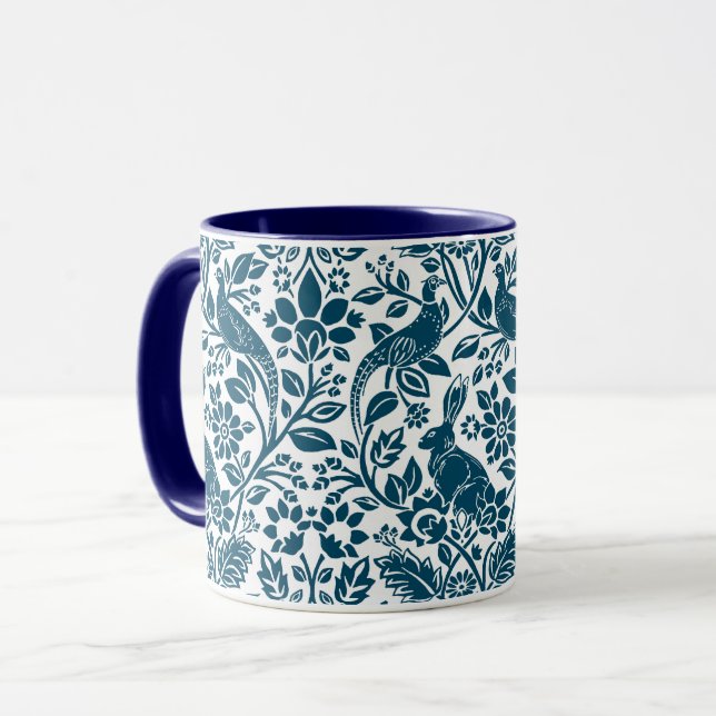 Pheasant and Hare Pattern, White and Dark Blue  Mug (Front Left)