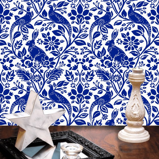Pheasant and Hare Pattern, White and Dark Blue  Wallpaper (Creator Uploaded)