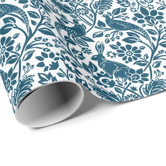 Pheasant and Hare Pattern, White and Dark Blue  Wrapping Paper (Roll Corner)