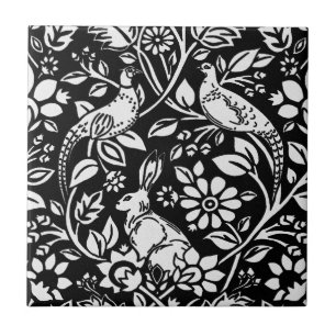 Pheasant and Hare Pattern, White on Black  Tile