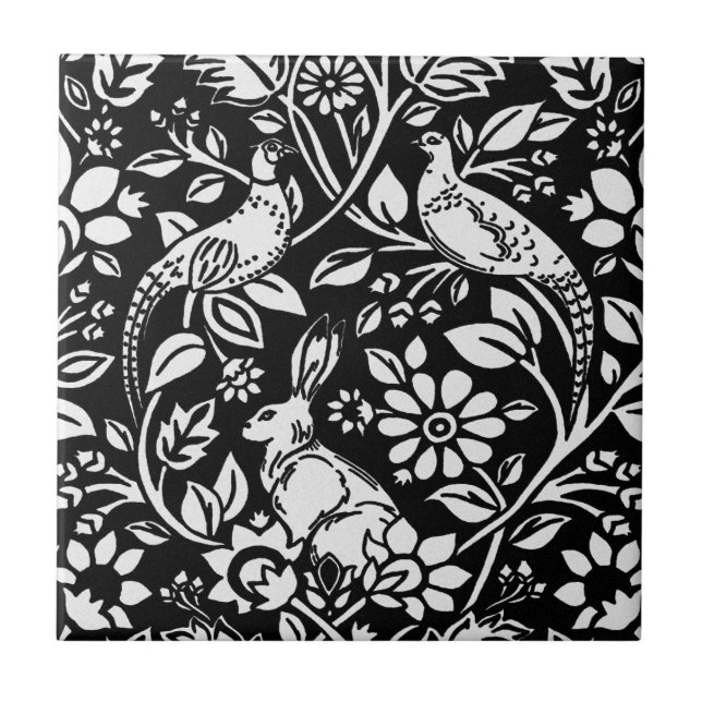 Pheasant and Hare Pattern, White on Black  Tile (Front)