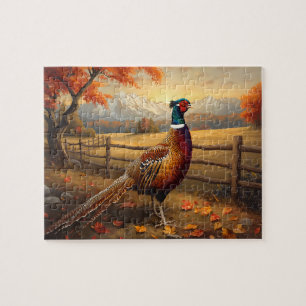 Pheasant Bird Autumn Mountain Sunset Painting Jigsaw Puzzle