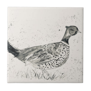 Pheasant bird vintage animal watercolor black tile