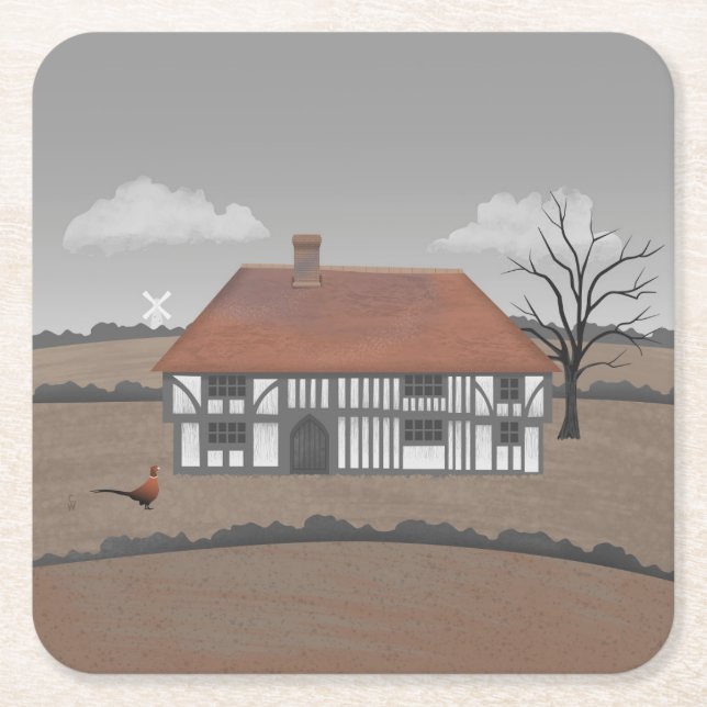 Pheasant Farmhouse Square Paper Coaster (Front)