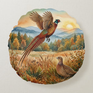 Pheasant Forever . Watercolor art Round Pillow