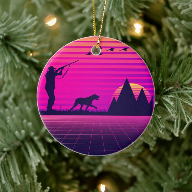 Pheasant Hunting Upland Bird Hunter Dog Vaporwave Ceramic Ornament (Tree)